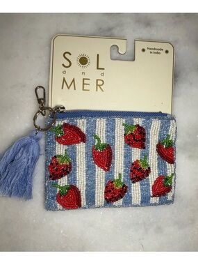 New Release Sol and Mer Strawberry Striped Beaded Zippered Travel Pouch Wallet
